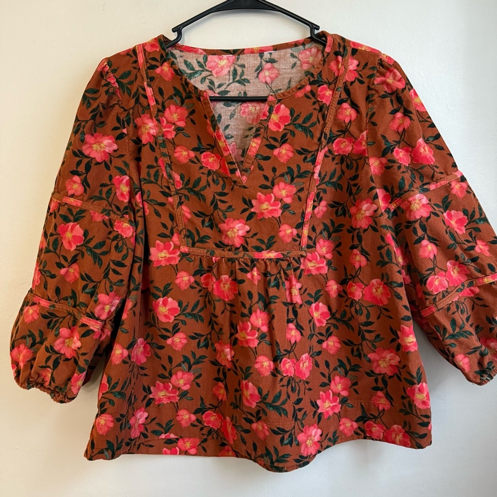 Floral Peasant Blouse Brown Pink Cotton Corduroy Boho Cottagecore Size S M